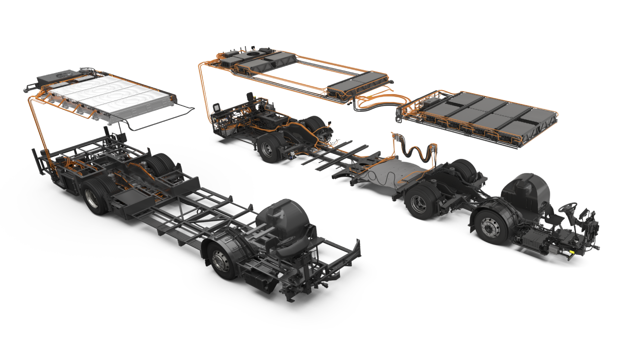 Studio image of a Volvo BZL Electric RHD chassis and a Volvo BZL Electric Articulated RHD chassis