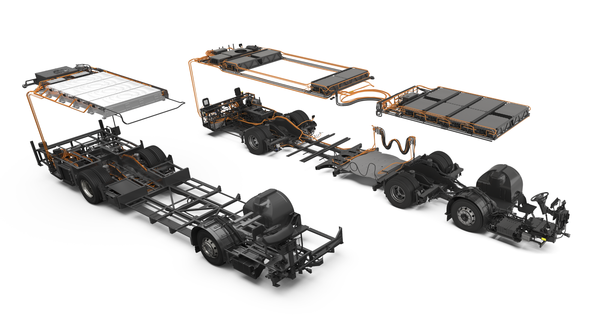 Studio image of a Volvo BZL Electric RHD chassis and a Volvo BZL Electric Articulated RHD chassis