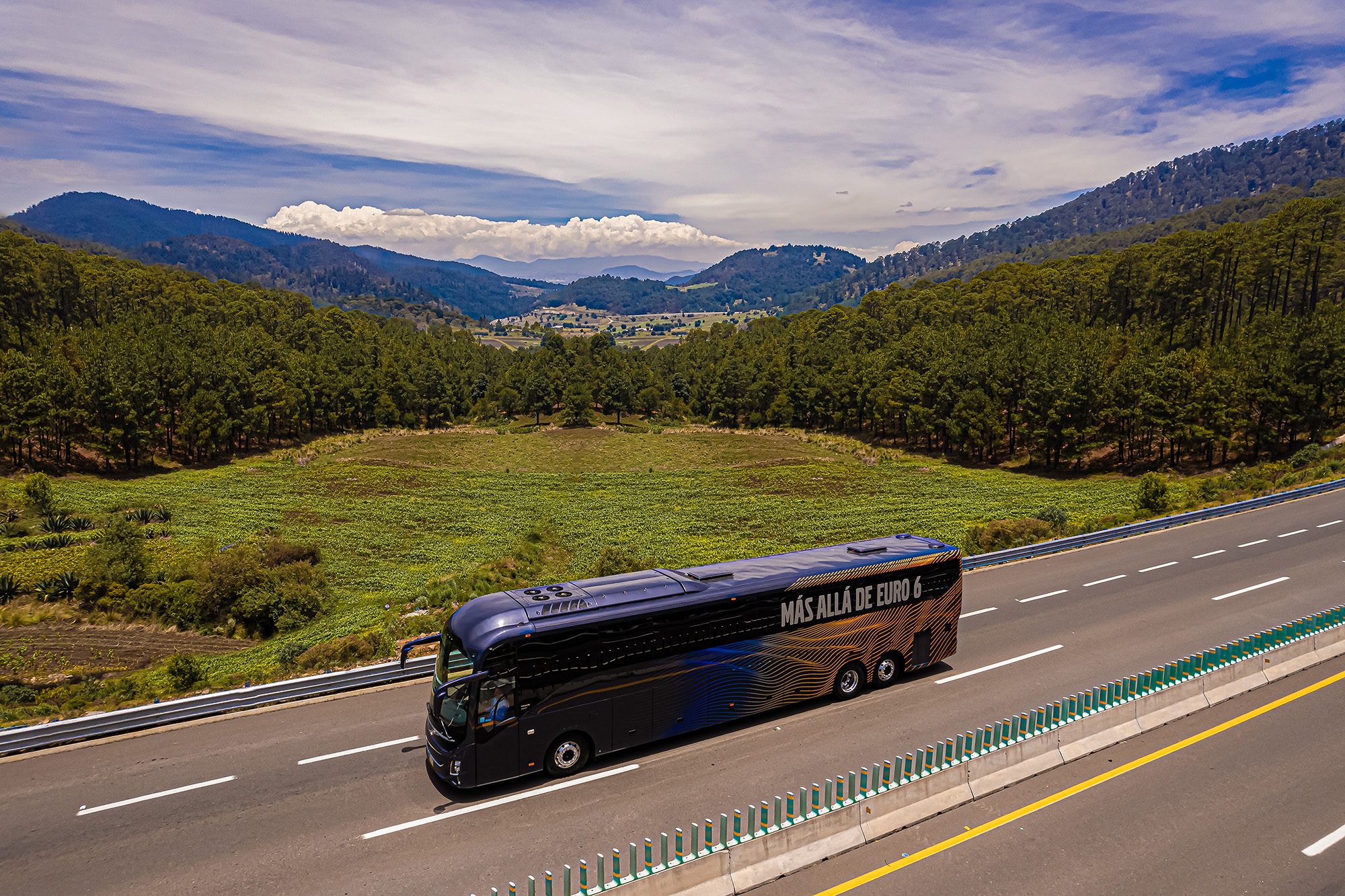 A Volvo 9800 Euro 6 coach on the road in Mexico